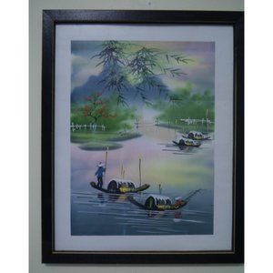 Vietnamese Seascape Sampans Mountains Original Painting On Silk Framed Boaters